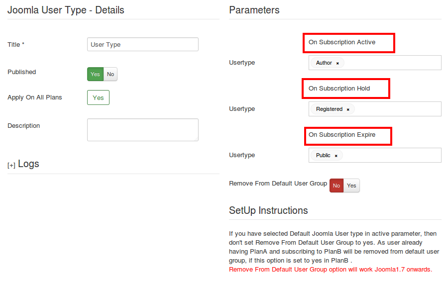 Joomla-User-Type app parameters