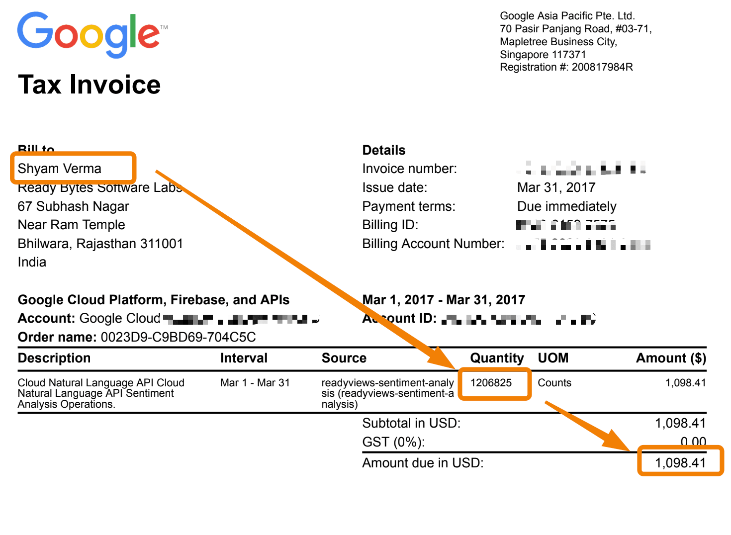 Google Cloud Invoice 2017