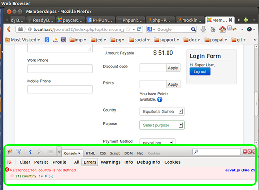 Browser console showing the possible error