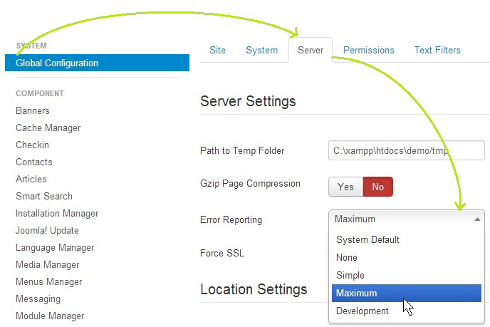 Enabling the Joomla Error reporting