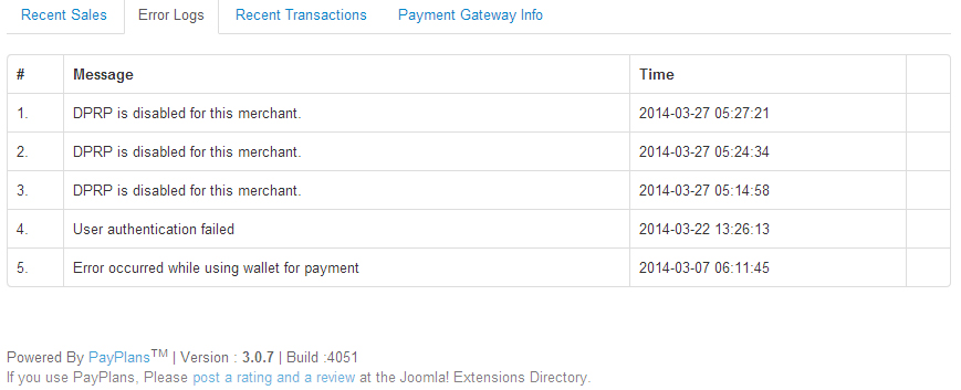 PayPlansâ Error Log