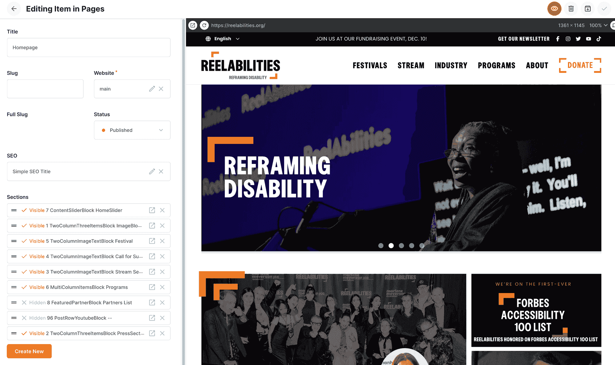 Directus CMS page editor showing block sections in the sidebar with live website preview on the right