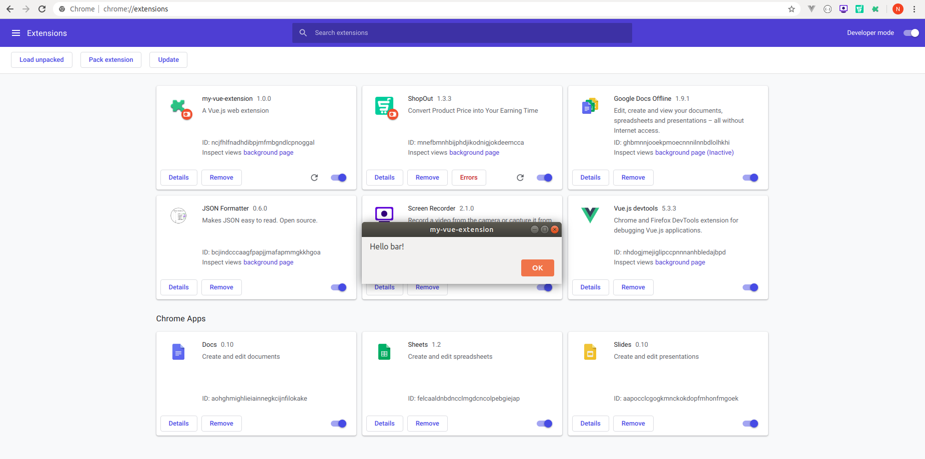 Alert after extension installation