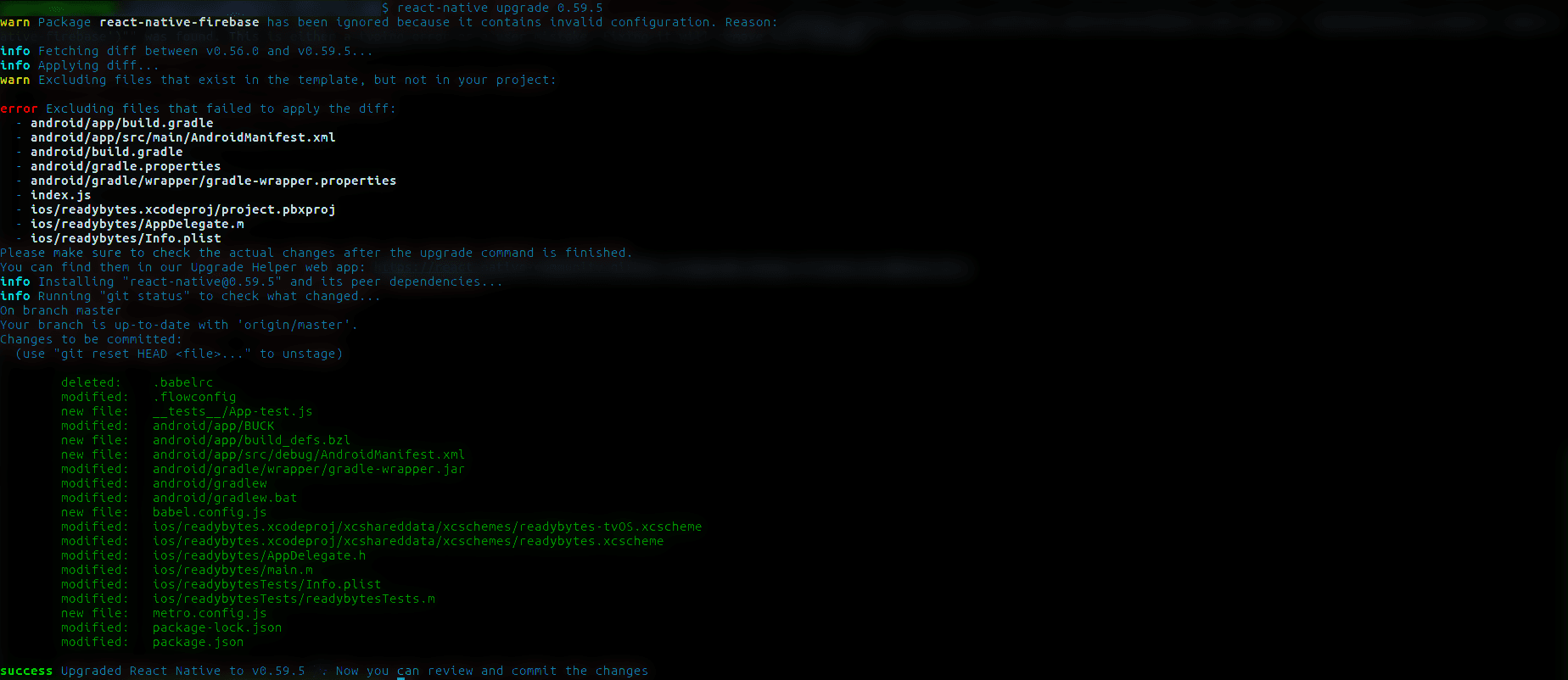 React Native upgrade warning