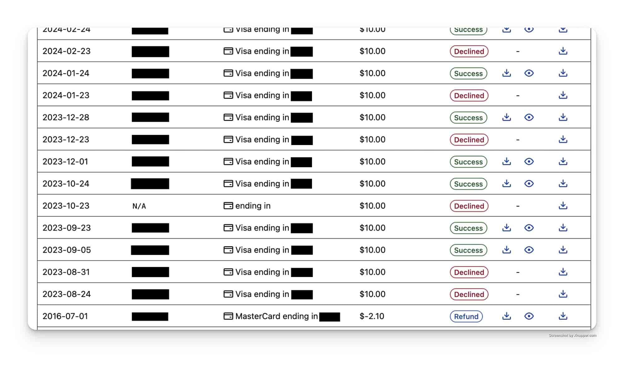 GitHub Copilot payment history showing consistent $10 monthly payments