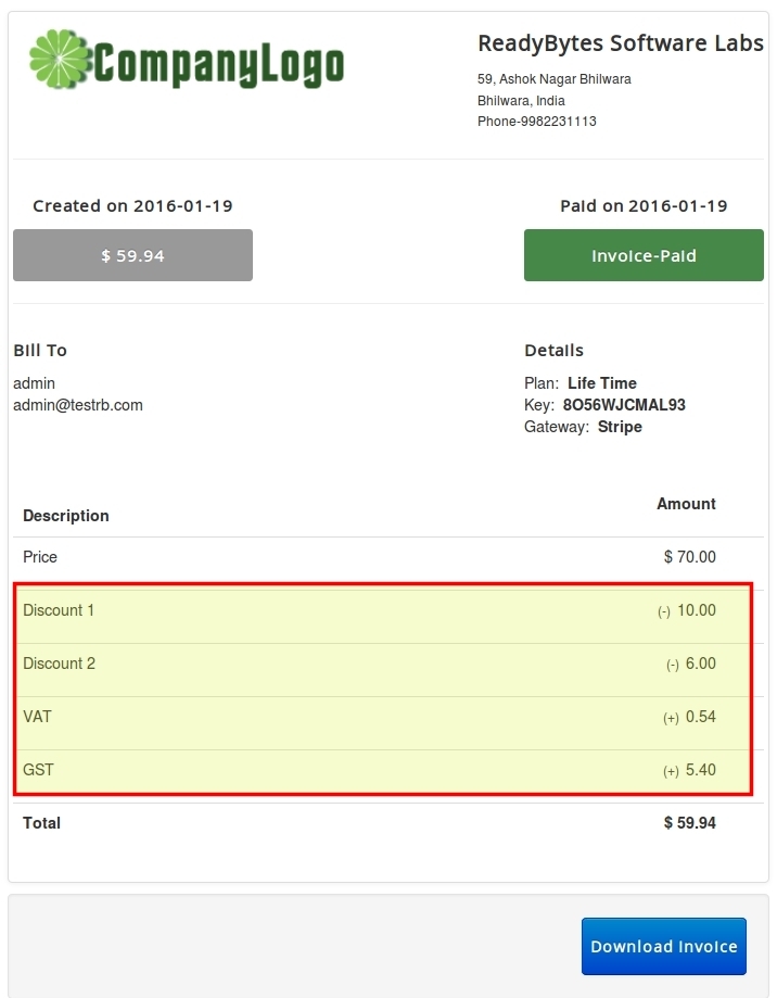 Invoice Thanks Screen