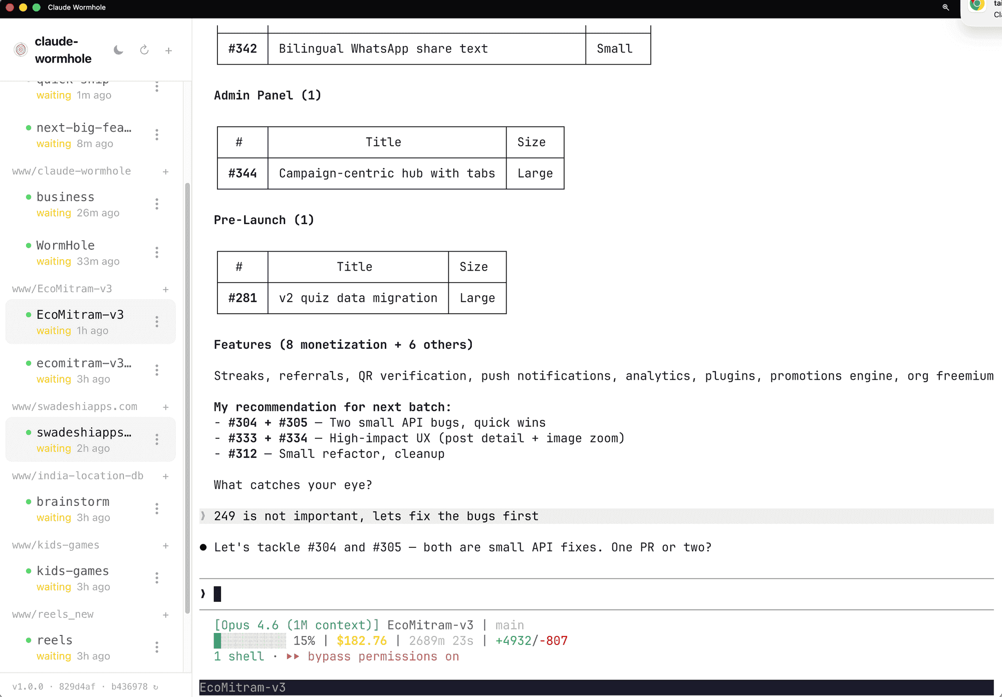Claude Wormhole showing 8 active sessions across multiple projects